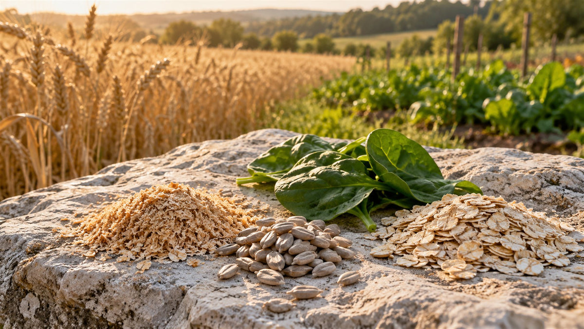 Vitamin B2 (Riboflavin) — Darstellung mit Weizenkeimen, Sonnenblumenkernen, Spinat und Haferflocken