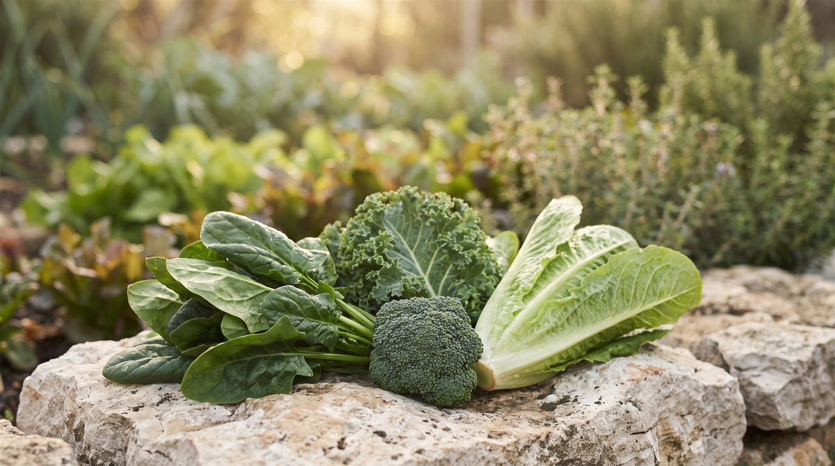 Vitamin K — Darstellung mit Spinat, Grünkohl, Brokkoli und Römersalat
