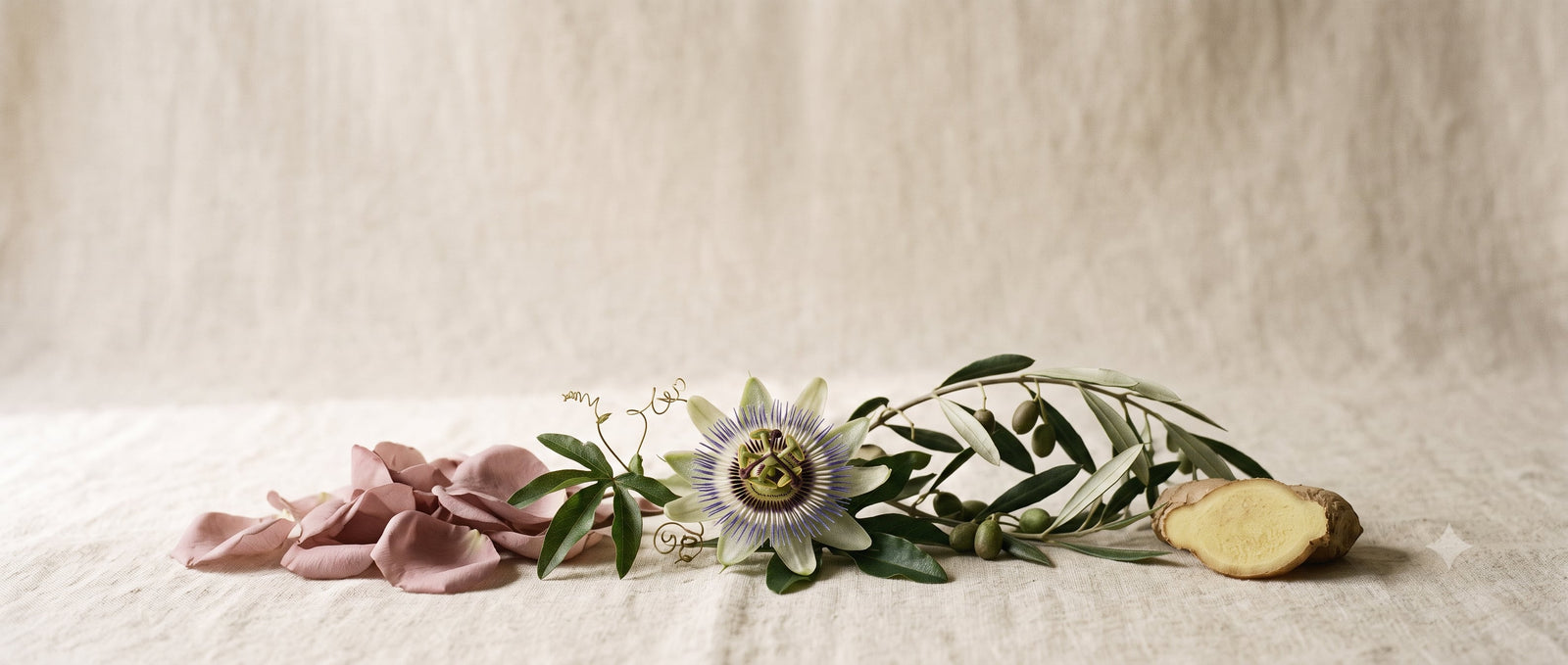 Botanical Desire — Hero Desktop (Botanik-Stillleben auf Leinen)