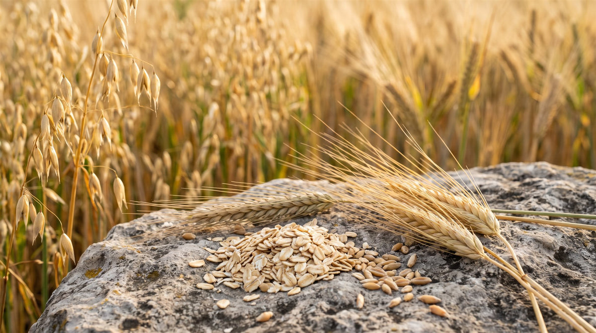 Beta-Glucan — Darstellung mit Haferflocken, Haferkörnern und Gerstenähren
