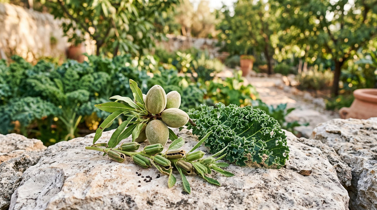 Calcium — Darstellung mit Mandeln, Sesamkapseln und Grünkohl