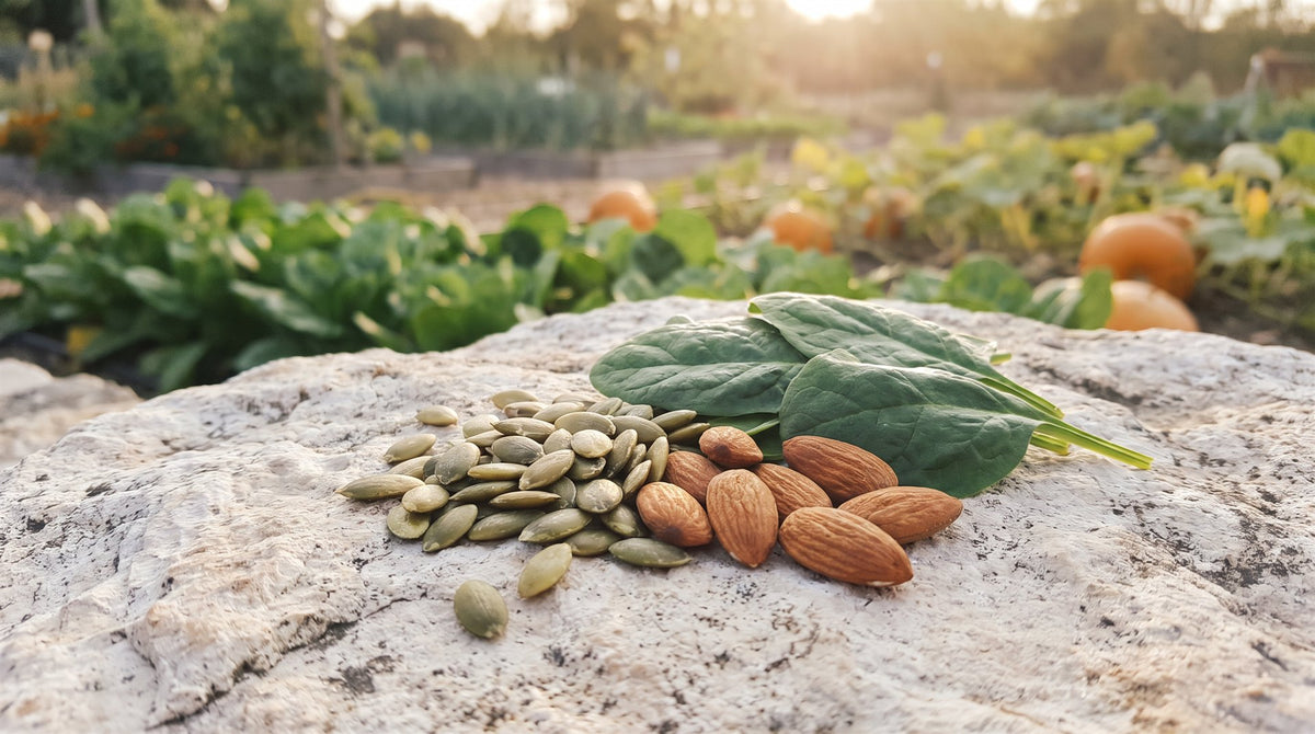 Magnesium — Darstellung mit Kürbiskernen, Mandeln und Spinat