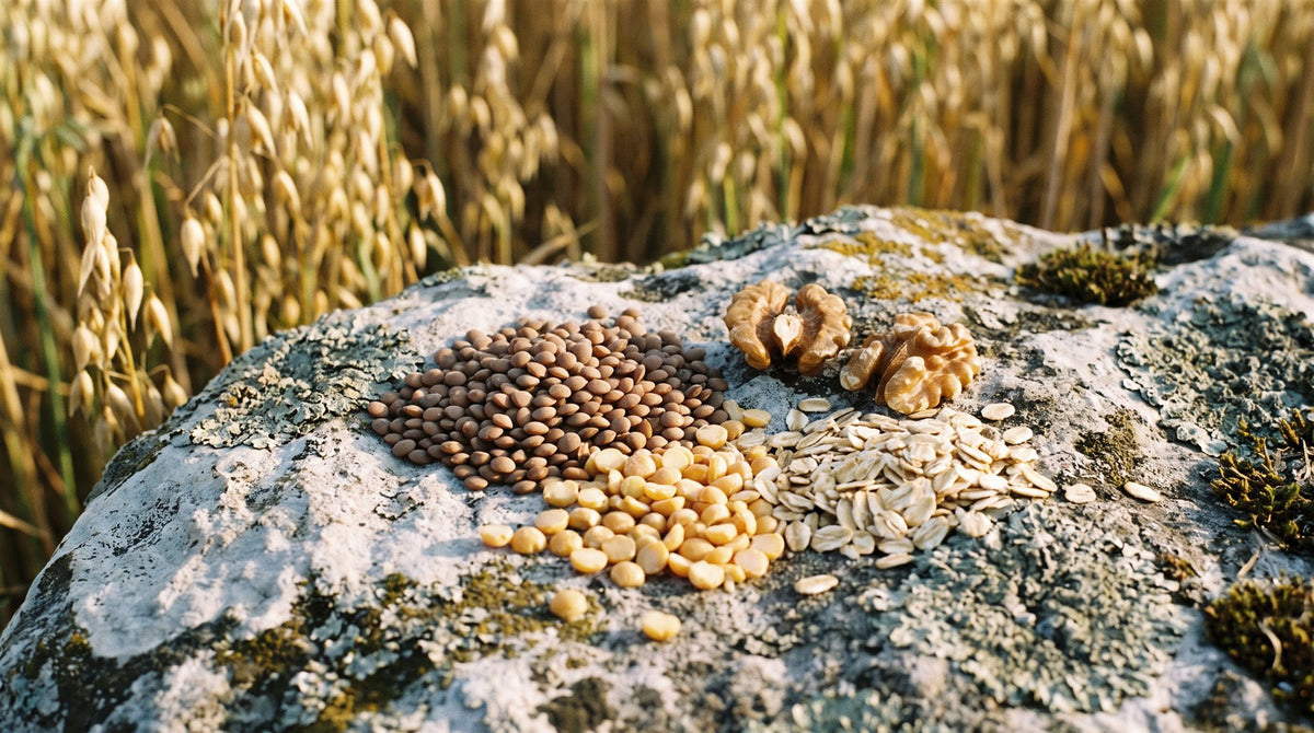 Protein (Eiweiß) — Darstellung mit Linsen, Spalterbsen, Haferflocken und Walnüssen