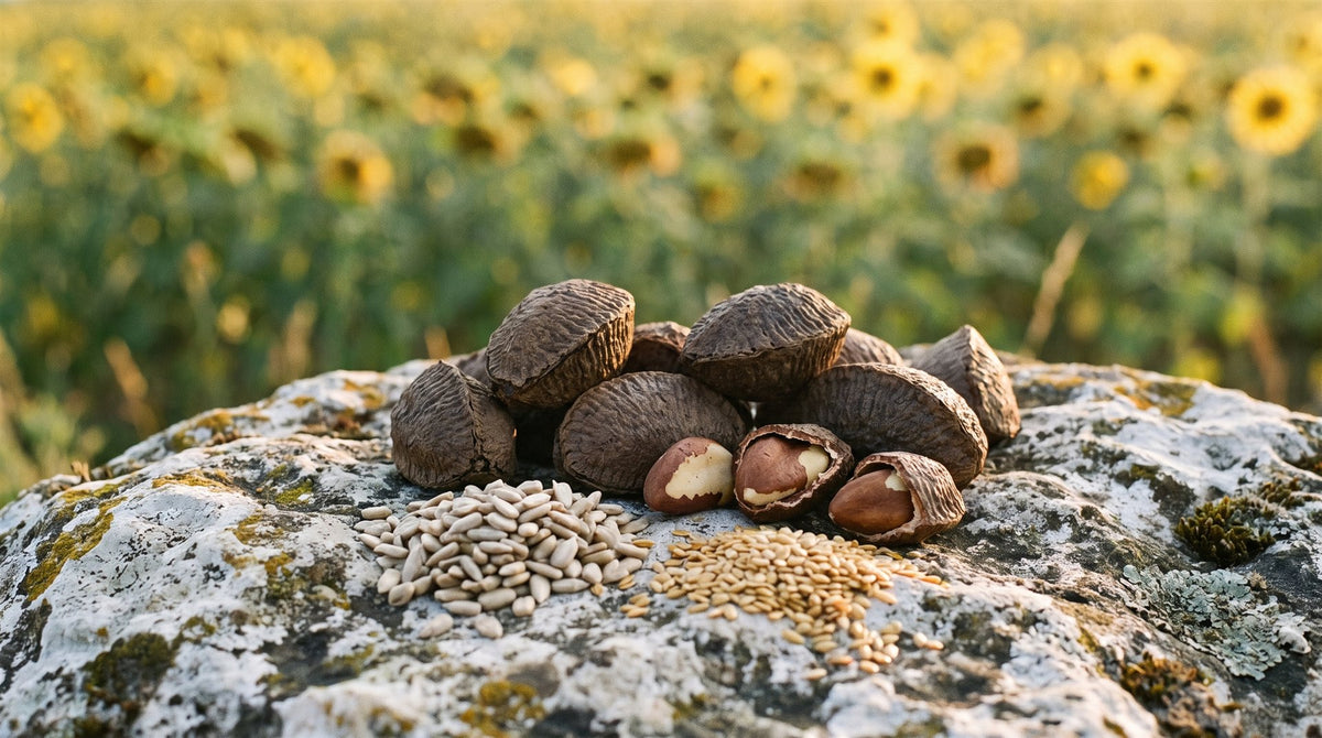 Selen — Darstellung mit Paranüssen, Sonnenblumenkernen und Leinsamen