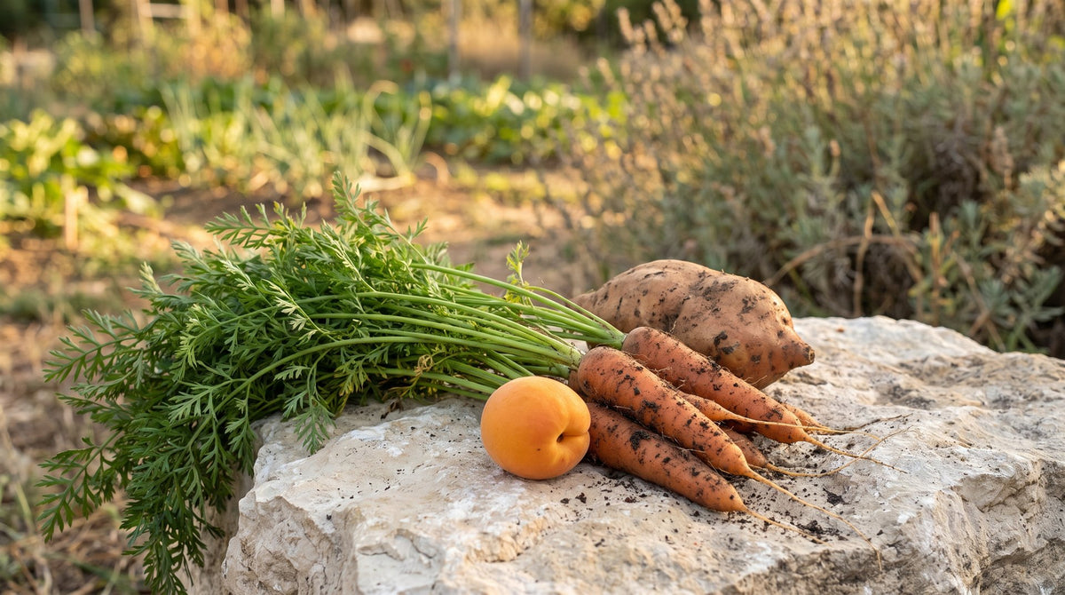 Vitamin A — Darstellung mit Karotten, Süßkartoffel und Aprikose