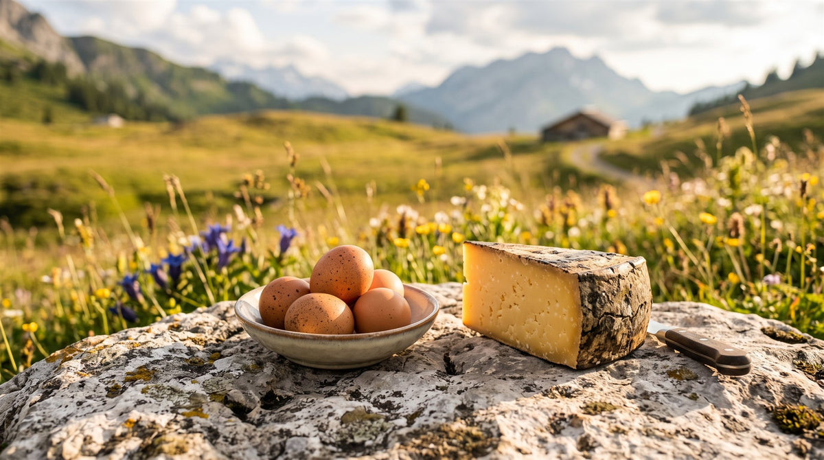Vitamin B12 — Darstellung mit Eiern und Bergkäse