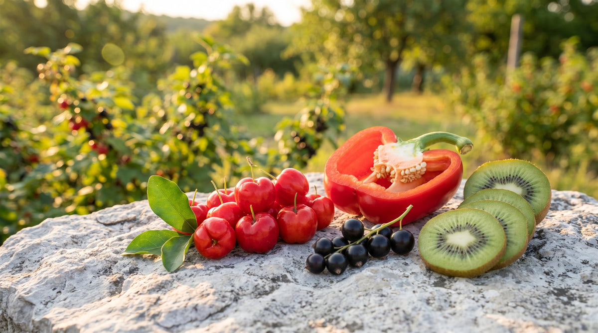 Vitamin C — Darstellung mit Acerola, roter Paprika, schwarzen Johannisbeeren und Kiwi