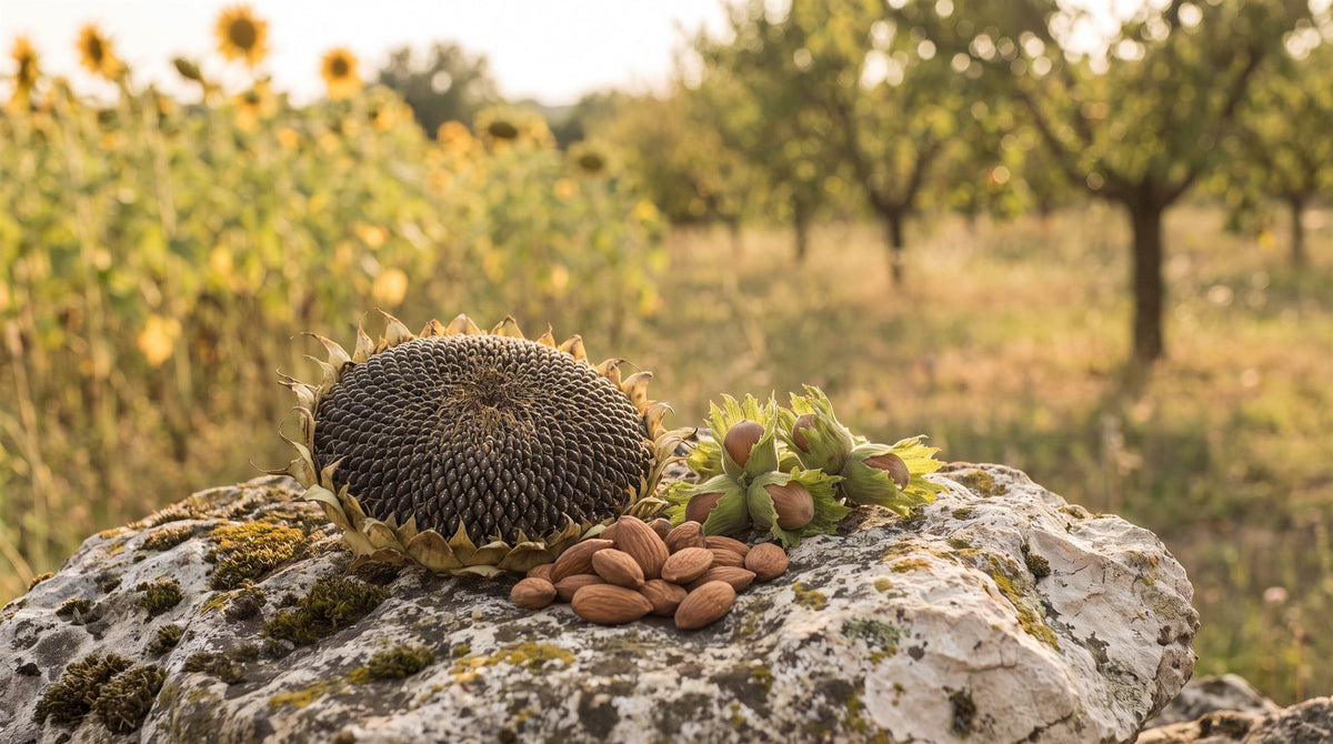 Vitamin E — Darstellung mit Sonnenblume, Mandeln und Haselnüssen