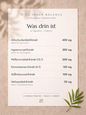 N°02 Inner Balance – Was drin ist, je Tagesdosis (2 Kapseln): Artischockenblatt-Extrakt 400 mg, Ingwerwurzel-Extrakt 300 mg, Pfefferminzblatt-Extrakt 200 mg, Kümmelsamen-Extrakt 150 mg, Süßholzwurzel-Extrakt 100 mg, Melissenblatt-Extrakt 30 mg.