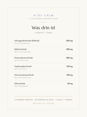 Botanical Desire N°03 Calm — Nährstoff-Karte: sechs Pflanzenextrakte mit Mengen je Tagesdosis (2 Kapseln)