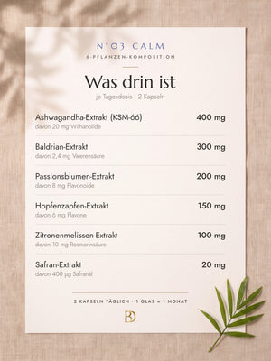 N°03 Calm – Was drin ist, je Tagesdosis (2 Kapseln): Ashwagandha-Extrakt 400 mg, Baldrian-Extrakt 300 mg, Passionsblumen-Extrakt 200 mg, Hopfenzapfen-Extrakt 150 mg, Zitronenmelissen-Extrakt 100 mg, Safran-Extrakt 20 mg.