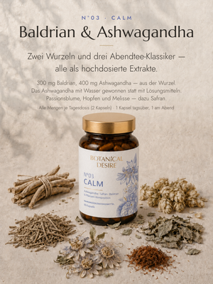 N°03 Calm zwischen den Rohpflanzen der Komposition. Bildtext: Baldrian & Ashwagandha — zwei Wurzeln und drei Abendtee-Klassiker, alle als hochdosierte Extrakte. 300 mg Baldrian, 400 mg Ashwagandha aus der Wurzel; das Ashwagandha mit Wasser gewonnen statt mit Lösungsmitteln. Passionsblume, Hopfen und Melisse, dazu Safran. Alle Mengen je Tagesdosis (2 Kapseln).