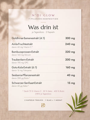 N°01 Glow – Was drin ist, je Tagesdosis (2 Kapseln): Goldhirse-Samenextrakt 300 mg, Amla-Fruchtextrakt 240 mg, Bambussprossen-Extrakt 220 mg, Traubenkern-Extrakt 200 mg, Gotu-Kola-Extrakt 160 mg, Sesbania-Pflanzenextrakt 40 mg, Schwarzer-Senfsaat-Extrakt 15 mg. Deckt 75 % Vitamin C, 82 % Selen und 400 % Biotin (NRV) je Tagesdosis.