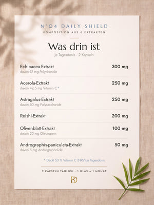 N°04 Daily Shield – Was drin ist, je Tagesdosis (2 Kapseln): Echinacea-Extrakt 300 mg, Acerola-Extrakt 250 mg, Astragalus-Extrakt 250 mg, Reishi-Extrakt 200 mg, Olivenblatt-Extrakt 100 mg, Andrographis-paniculata-Extrakt 50 mg. Deckt 53 % Vitamin C (NRV) je Tagesdosis.