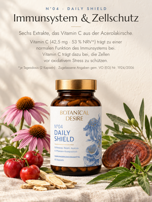 N°04 Daily Shield zwischen den Rohpflanzen der Komposition: Echinacea, Acerola, Astragalus, Reishi, Olivenzweig und Andrographis. Bildtext: Immunsystem & Zellschutz — sechs Extrakte, das Vitamin C aus der Acerolakirsche. Vitamin C (42,5 mg, 53 % NRV je Tagesdosis) trägt zu einer normalen Funktion des Immunsystems bei. Vitamin C trägt dazu bei, die Zellen vor oxidativem Stress zu schützen.